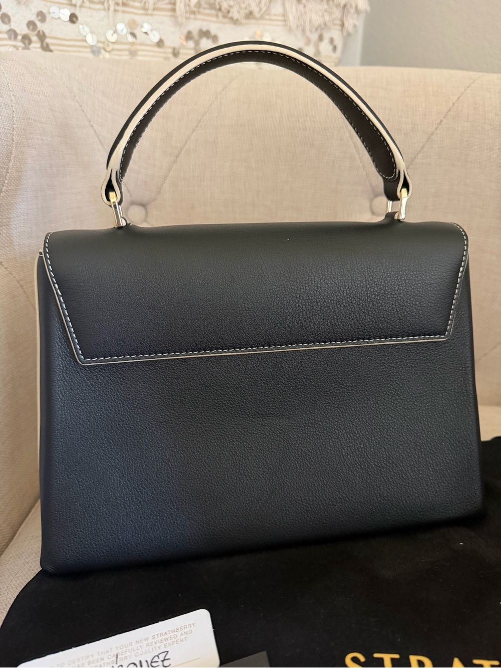 Strathberry Black and White Top Handle Satchel with Gold Hardware - Trinity Bag - Picture 3 of 10